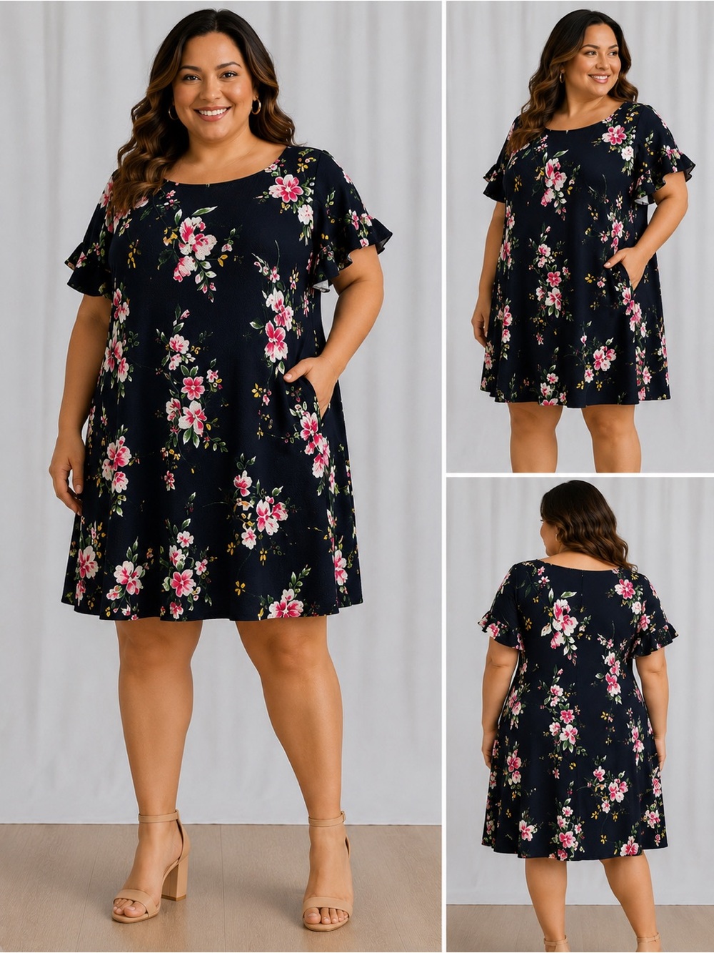 Jessica Howard Navy Midi Dress with Pink Floral Print